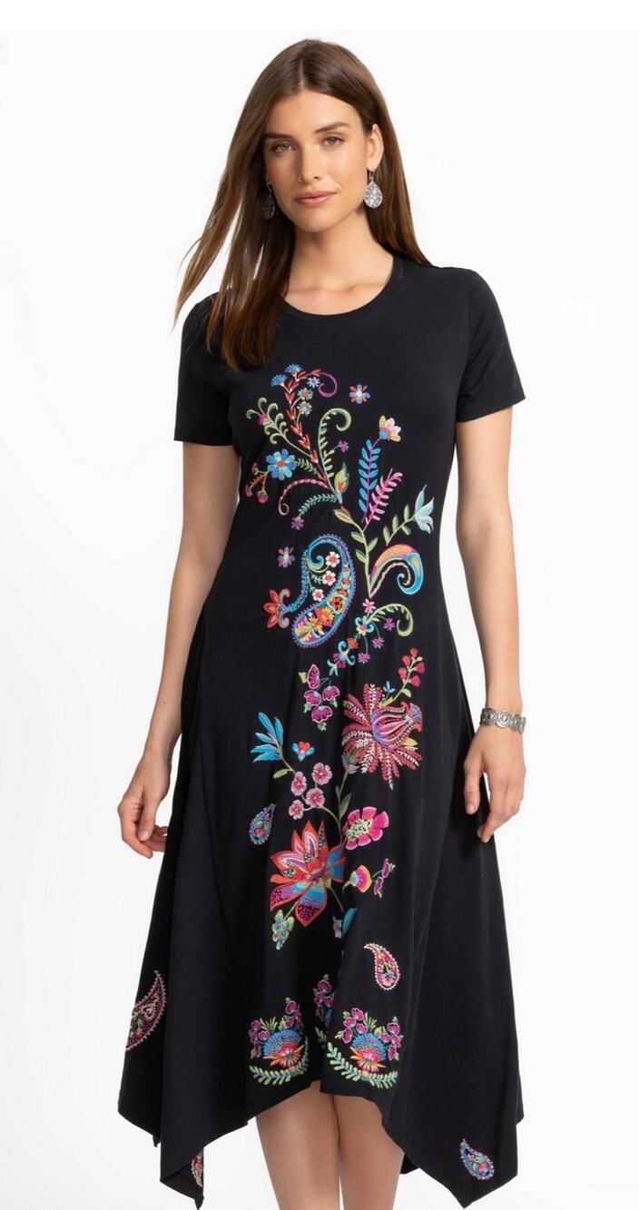 Johnny Was Black Handkerchief Hem Knit Dress with Embroidery